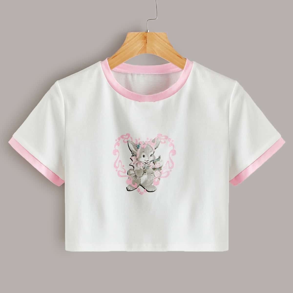 

Rabbit Graphic Ringer Crop Tee, White