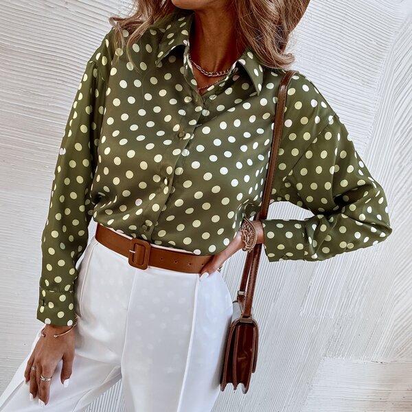 

Polka Dot Drop Shoulder Oversized Blouse, Army green