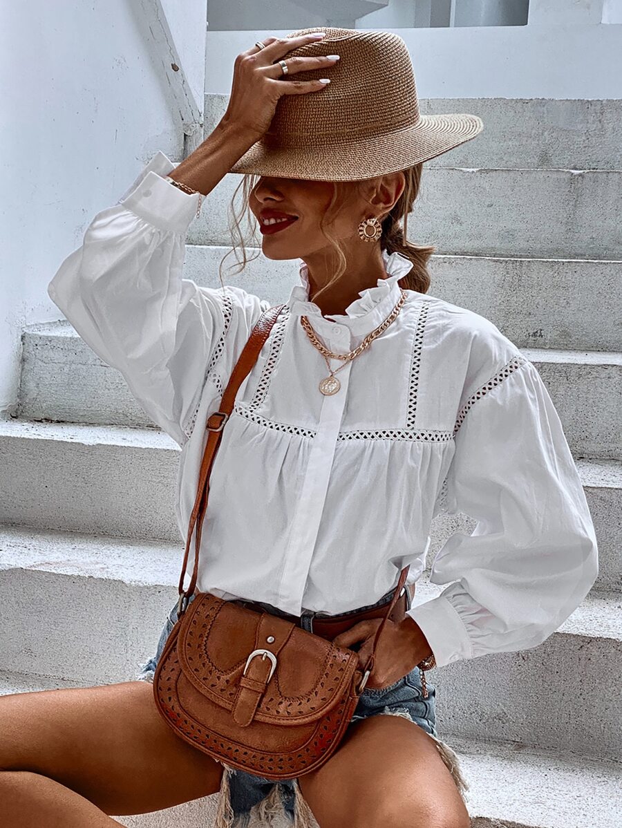 Aveloria Ruffle Neck Hollow Out Blouse - White - View 1