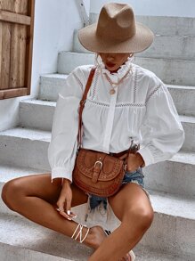 Aveloria Ruffle Neck Hollow Out Blouse - White - View 3