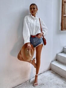 Aveloria Ruffle Neck Hollow Out Blouse - White - View 4