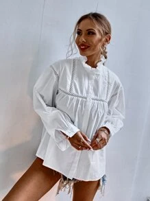 Aveloria Ruffle Neck Hollow Out Blouse - White - View 5