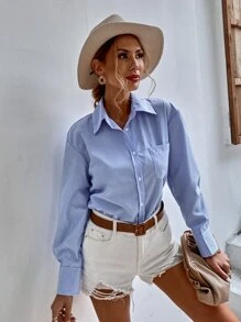 Aveloria 垂直條紋貼布口袋長款襯衫 - 藍白色 - 查看 5