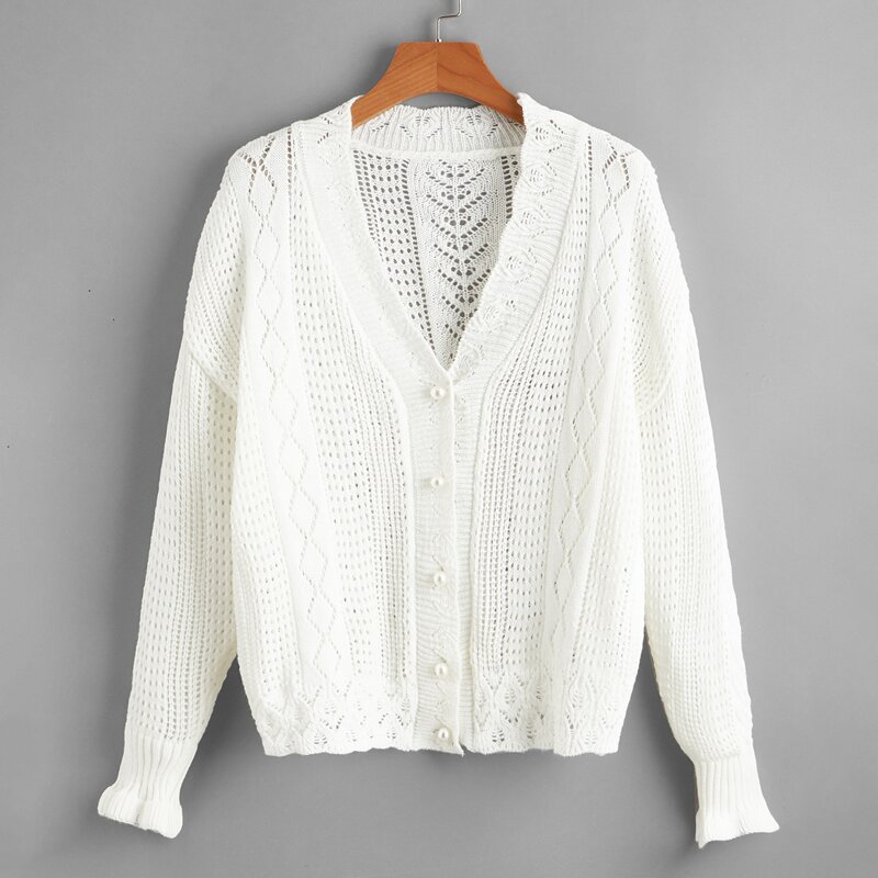 

Solid Button Front Cardigan, White