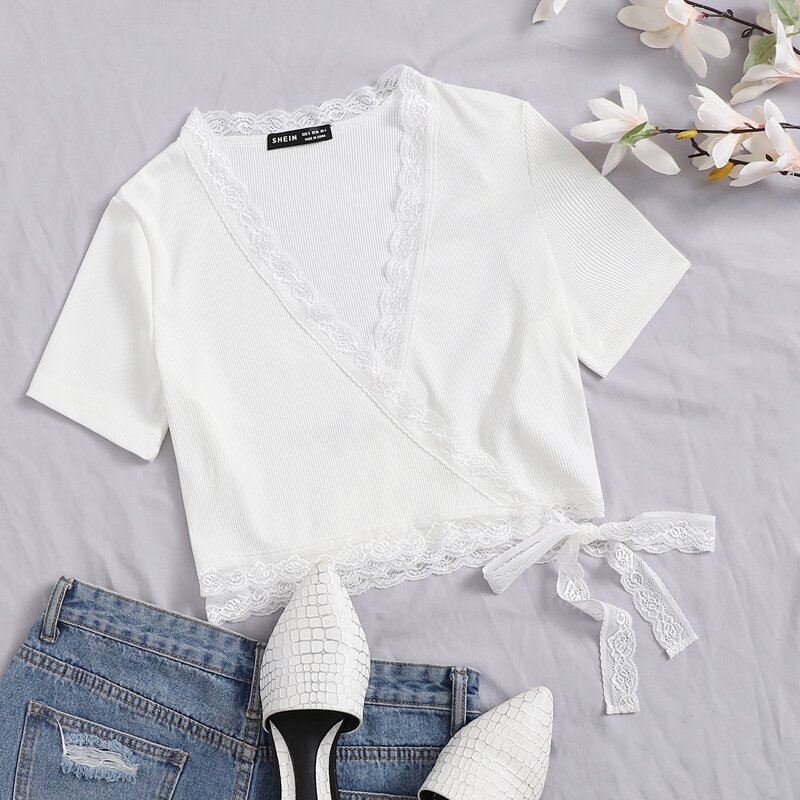 

Lace Trim Wrap Knotted Top, White