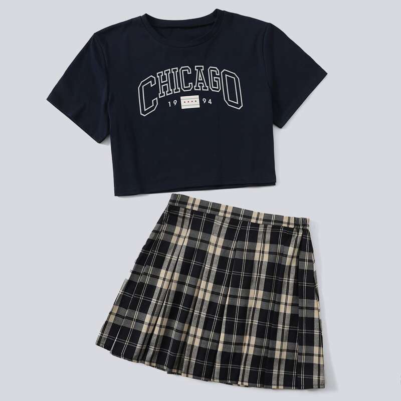 

Letter Graphic Crop Tee & Plaid Pleated Skirt, Multicolor