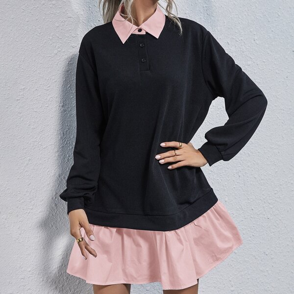 

Button Front Ruffle Hem Rib-knit Sweatshirt Dress, Multicolor