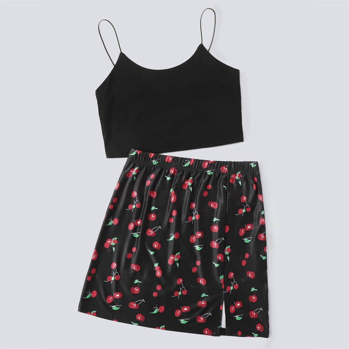 

Solid Crop Cami & Cherry Print Split Skirt, Multicolor