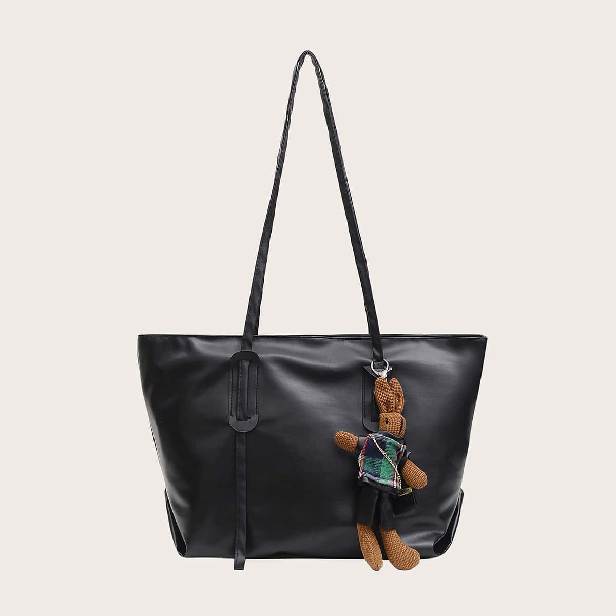 

Solid Tote Bag With Cartoon Bag Charm, Black