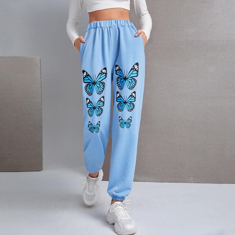 

Butterfly Print Sweatpants, Baby blue