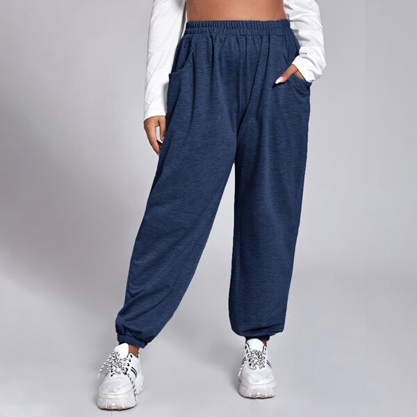 

Plus Slant Pockets Elastic Waist Sweatpants, Navy blue