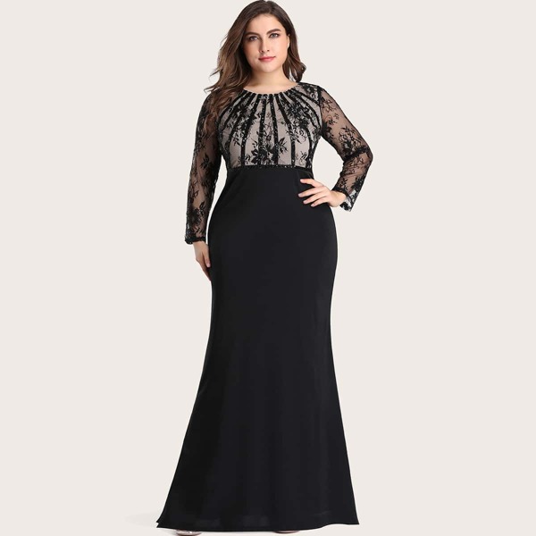

Plus Sequin Striped Lace Sleeve Dress, Black