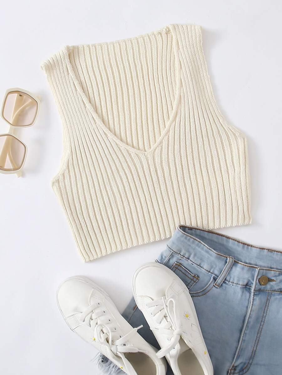 SHEIN Unity 羅紋針織短版毛衣背心 - 米色 - 查看 1