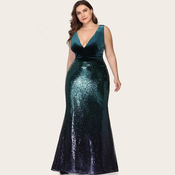 

Plus Plunging Neck Sleeveless Glitter Dress, Dark green