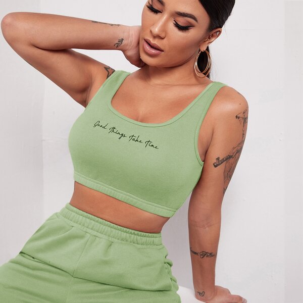 

Slogan Embroidered Crop Thermal Tank Top, Lime green