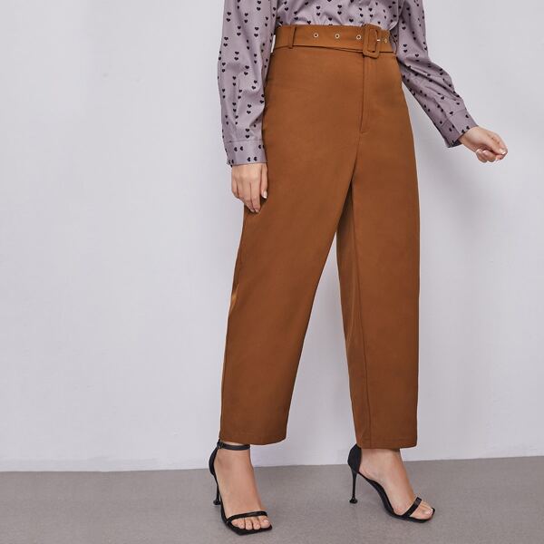 

Plus Solid Straight Leg Belted Pants, Brown