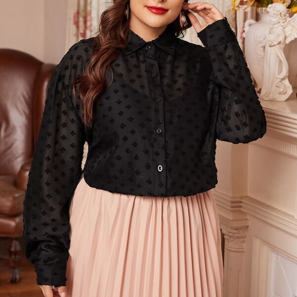 

Plus Button Up Flocked Sheer Blouse, Black