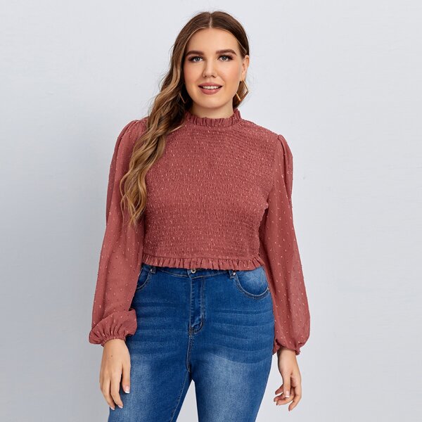 

Plus Frilled Trim Shirred Swiss Dot Top, Redwood