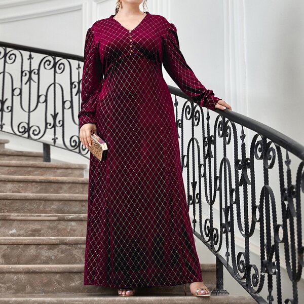 

Plus Argyle Button Front Velvet A-line Dress, Burgundy