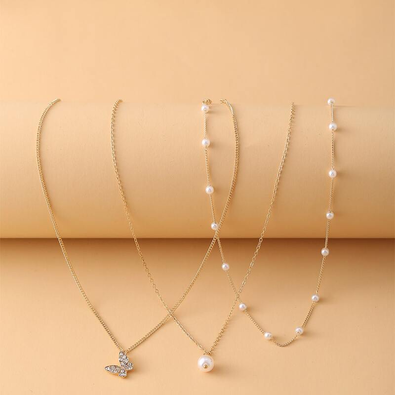 

3pcs Rhinestone Butterfly & Faux Pearl Necklace, Gold