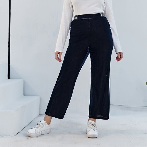 

Plus Letter Tape Waist Rib-knit Velvet Pants, Navy blue