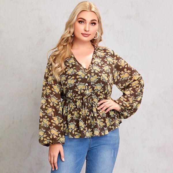 

Plus Frilled Lantern Sleeve Floral Peplum Top, Multicolor