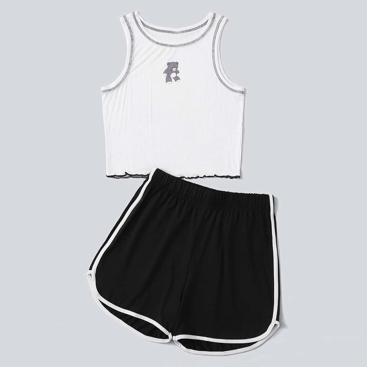

Bear Graphic Contrast Stitching Tank Top & Dolphin Shorts, Black and white