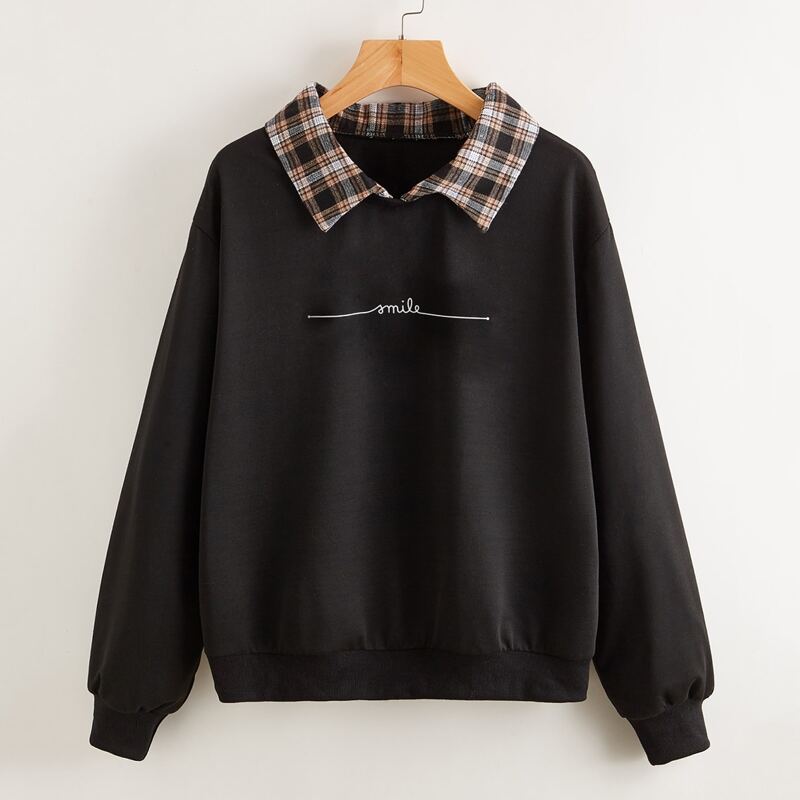 

Contrast Plaid-Collar Letter Sweatshirt, Black