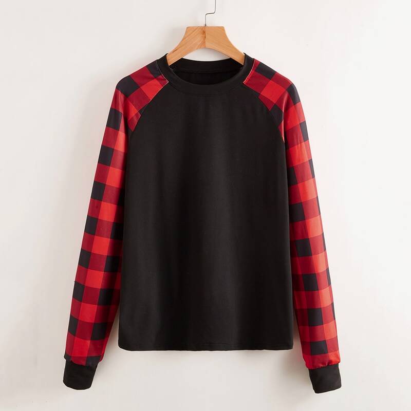 

Contrast Plaid Raglan Sleeve Tee, Multicolor