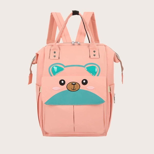 

Cartoon Graphic Pocket Front Travel Backpack, Pink