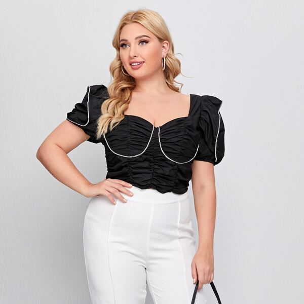 

Plus Puff Sleeve Rhinestone Piping Ruched Top, Black