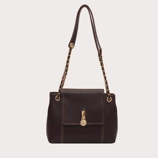 

Metal Lock Flap Chain Shoulder Bag, Coffee brown