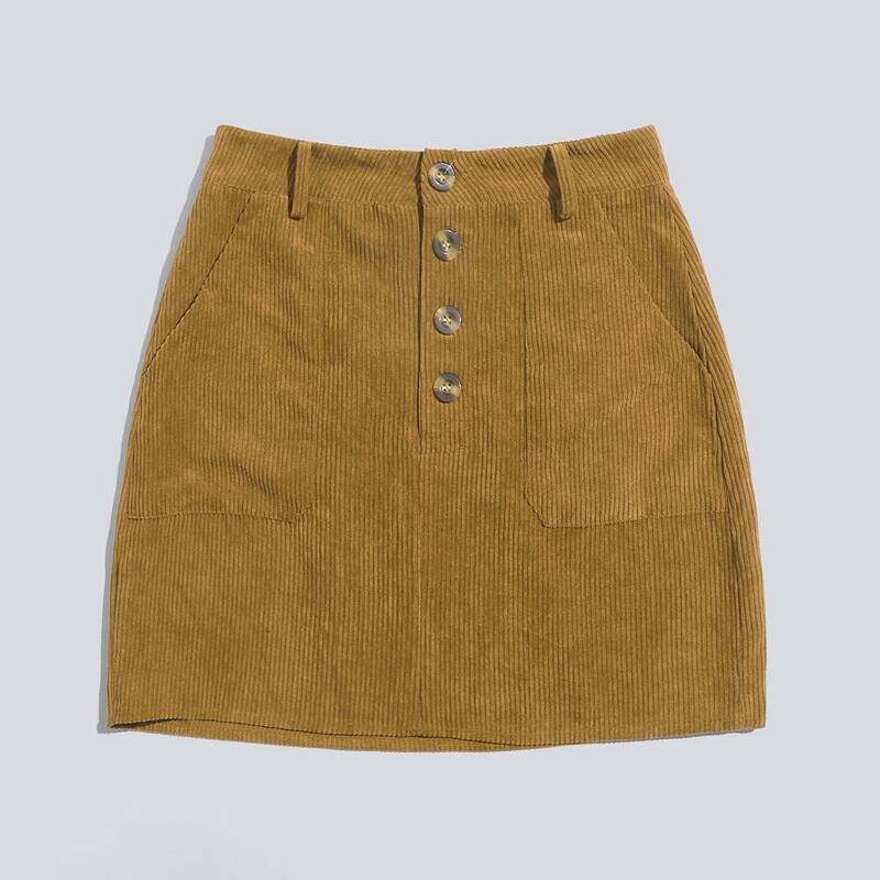 

Solid Corduroy Button Skirt, Brown