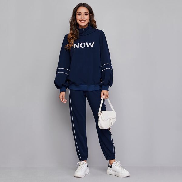 

Zipper Half Placket Letter Embroidered Contrast Piping Sweatshirt & Joggers Set, Navy blue