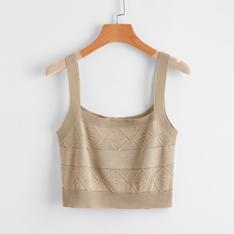 

Solid Pointelle Knit Cami Top, Khaki