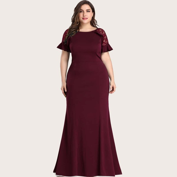

Plus Lace Raglan Sleeve Mermaid Prom Dress, Maroon