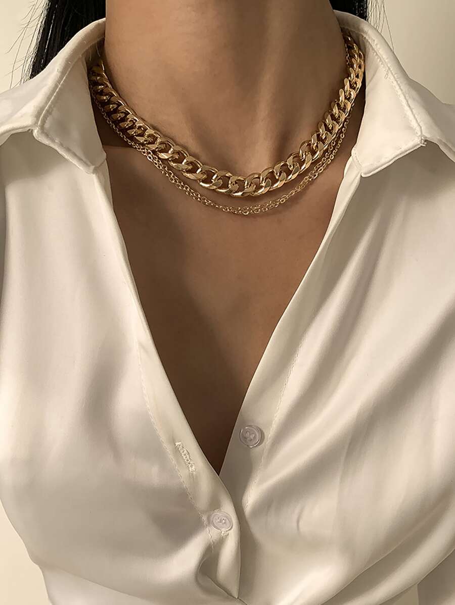 Layered Chain Necklace - Yellow Gold - View 1
