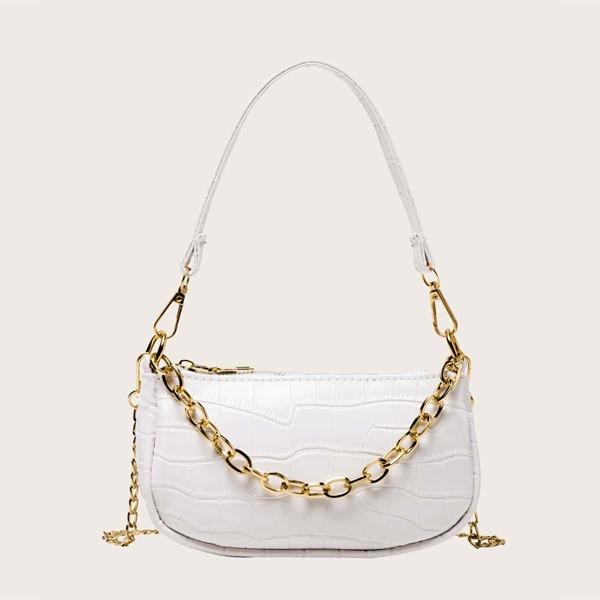 

Girls Croc Embossed Chain Baguette Bag, White