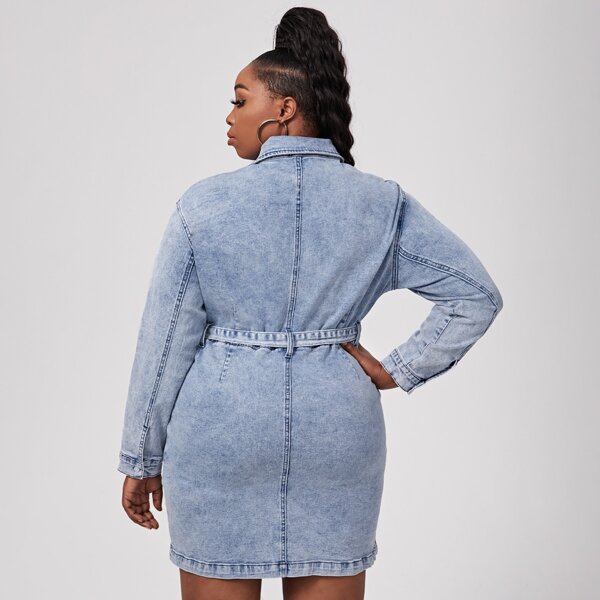 

Plus Button Up Belted Denim Dress, Light wash