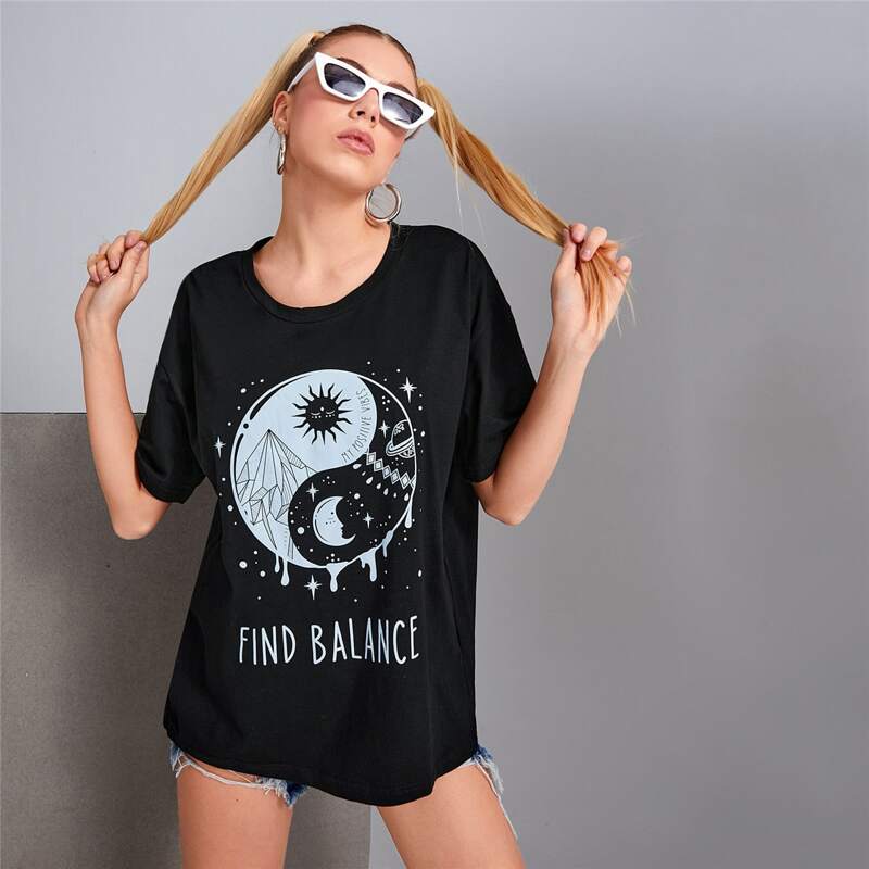 

Sun & Moon Graphic Oversized Tee, Black