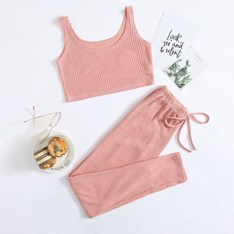 

Ribbed Knot Waist Solid Lounge Set, Coral pink