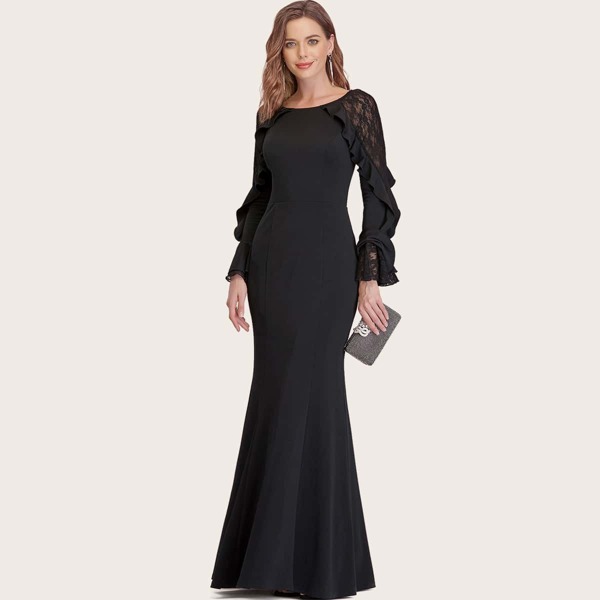 

Lace Insert Ruffle Trim Mermaid Prom Dress, Black