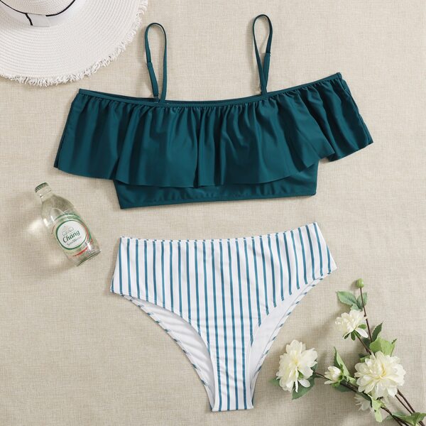 

Plus Striped Flounce High Waisted Bikini Swimsuit, Blue and white