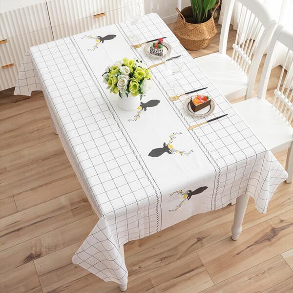 

Flower & Plaid Pattern Tablecloth, White