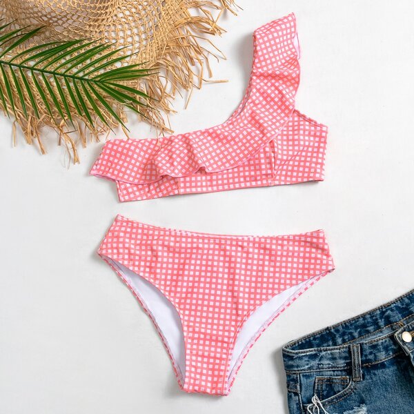 

Gingham Ruffle Hem One Shoulder Bikini Swimsuit, Pink