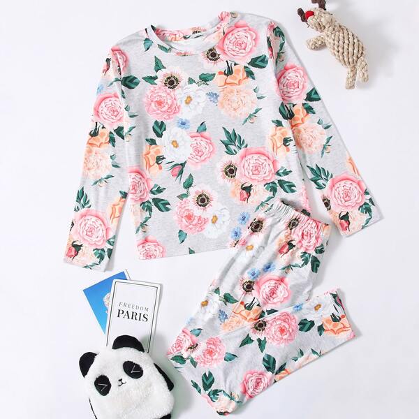 

Girls Floral Print Tee & Pants PJ Set, Multicolor