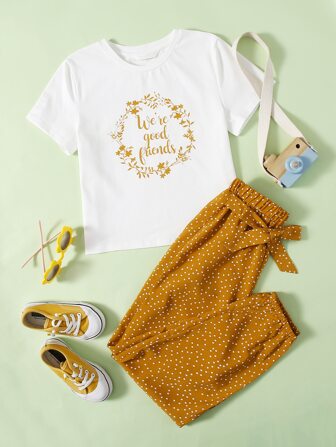 طقم تيشيرت بجرافيك شعار وبنطلون بنقاط بولكا وربطة أمامية بنات