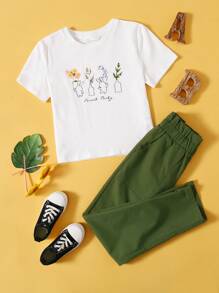 SHEIN 女孩卡通圖案T恤和素色褲子套裝 - 彩色 - 查看 1
