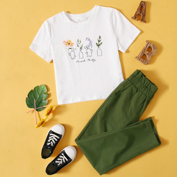 

Girls Cartoon Graphic Tee & Solid Pants Set, Multicolor