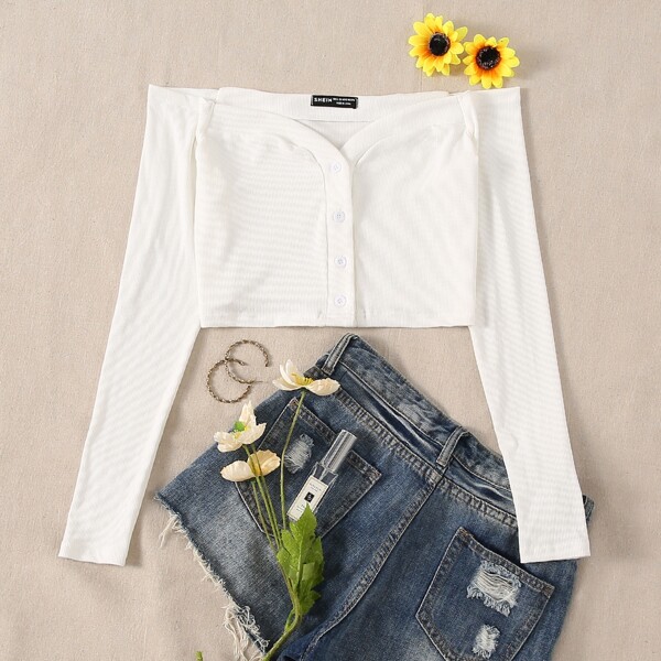 

Off Shoulder Button Placket Crop Top, White